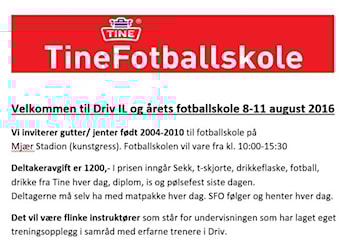 Velkommen til Driv IL og årets forballskole 8.-11. august 2016